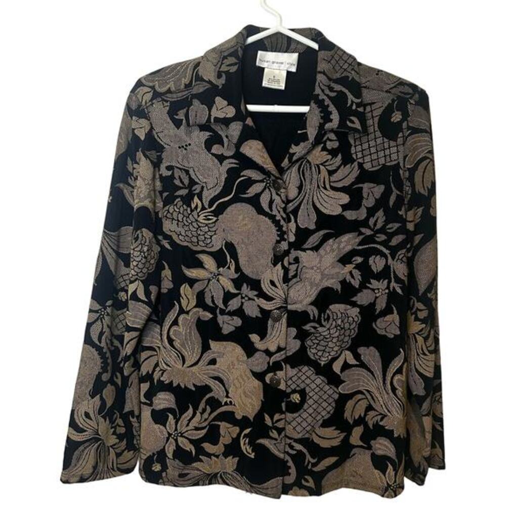 Susan Graver Blazer Jacket Size Small Black Brown Jacquard Bohemian‎ 90s Career